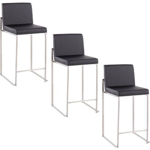 Fuji 26" High Back Bar Stool in Stainless Steel & Black Leatherette (Set of 3)
